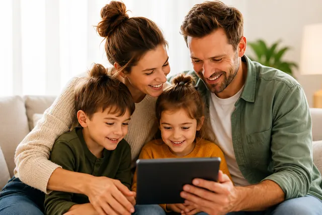 Gezin met twee kinderen op de bank met een tablet